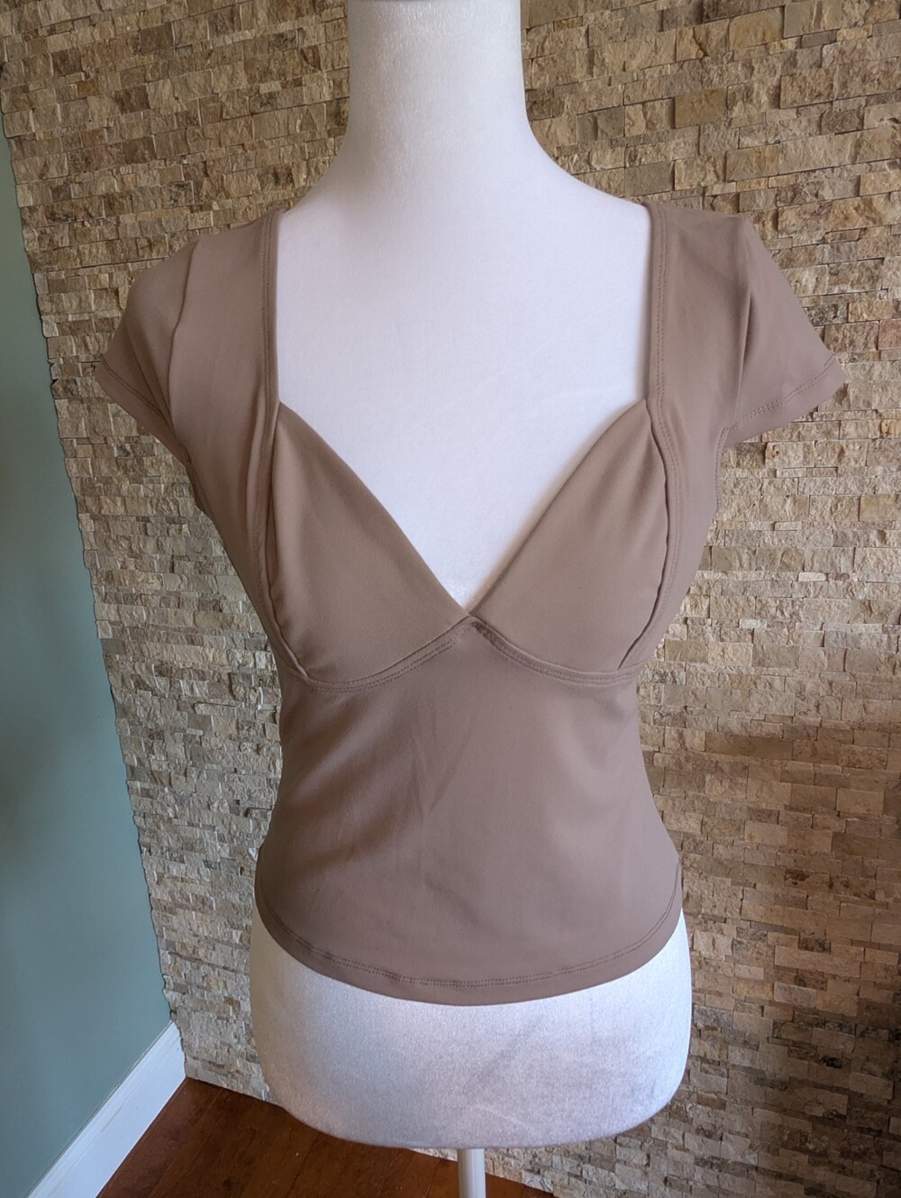 Neutral Cream Dusty Rose Cap Short Sleeve Contour Crop Top Bustier Style Shirt